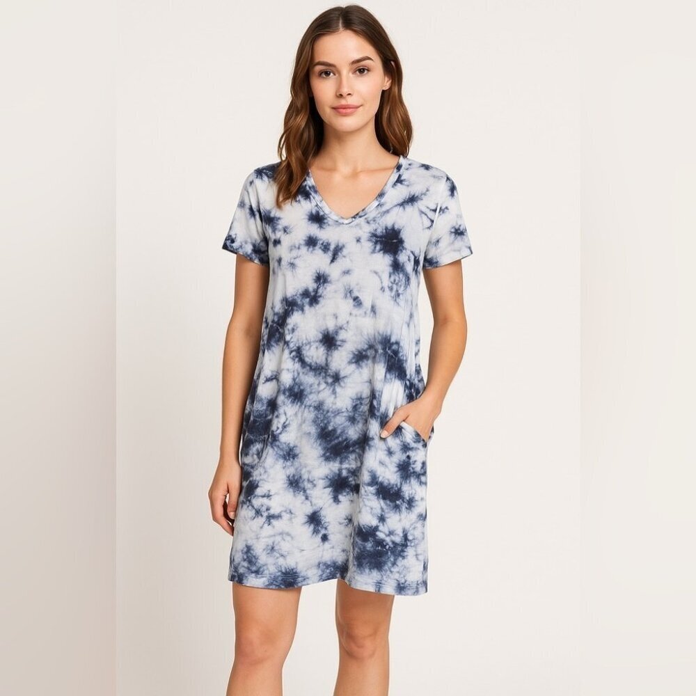 XCVI Blue White Tie Dye Short Sleeve Hooded Cotton Linen Dress Size M Relaxed